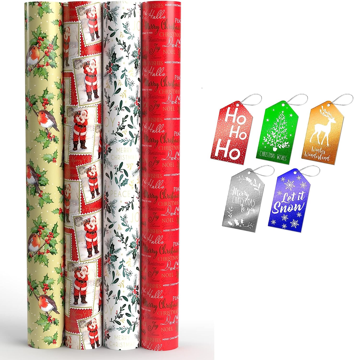 Christmas Traditional Wrapping Paper Roll Large Wrap to Pack Presents With Gift Tags - Pack of 4
