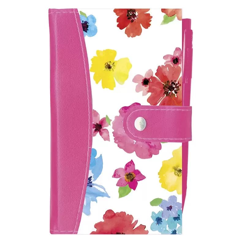 Slim Pink & White Floral Burst Leather Bound Pocket Notebook & Pen Set 155mm x 94mm