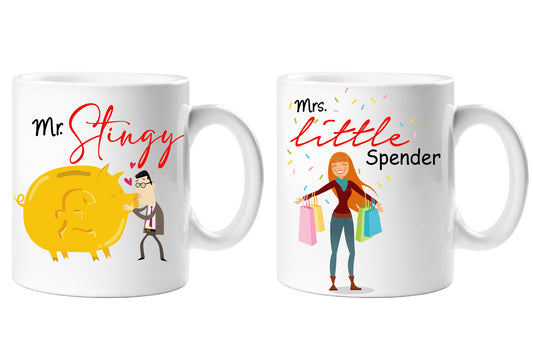 Set of 2 Mugs - Mr and Mrs Mugs Stingy and Little Spender Gifts for Him and Her, Bride Groom Wedding Christmas Presents Tea Coffee Cups White