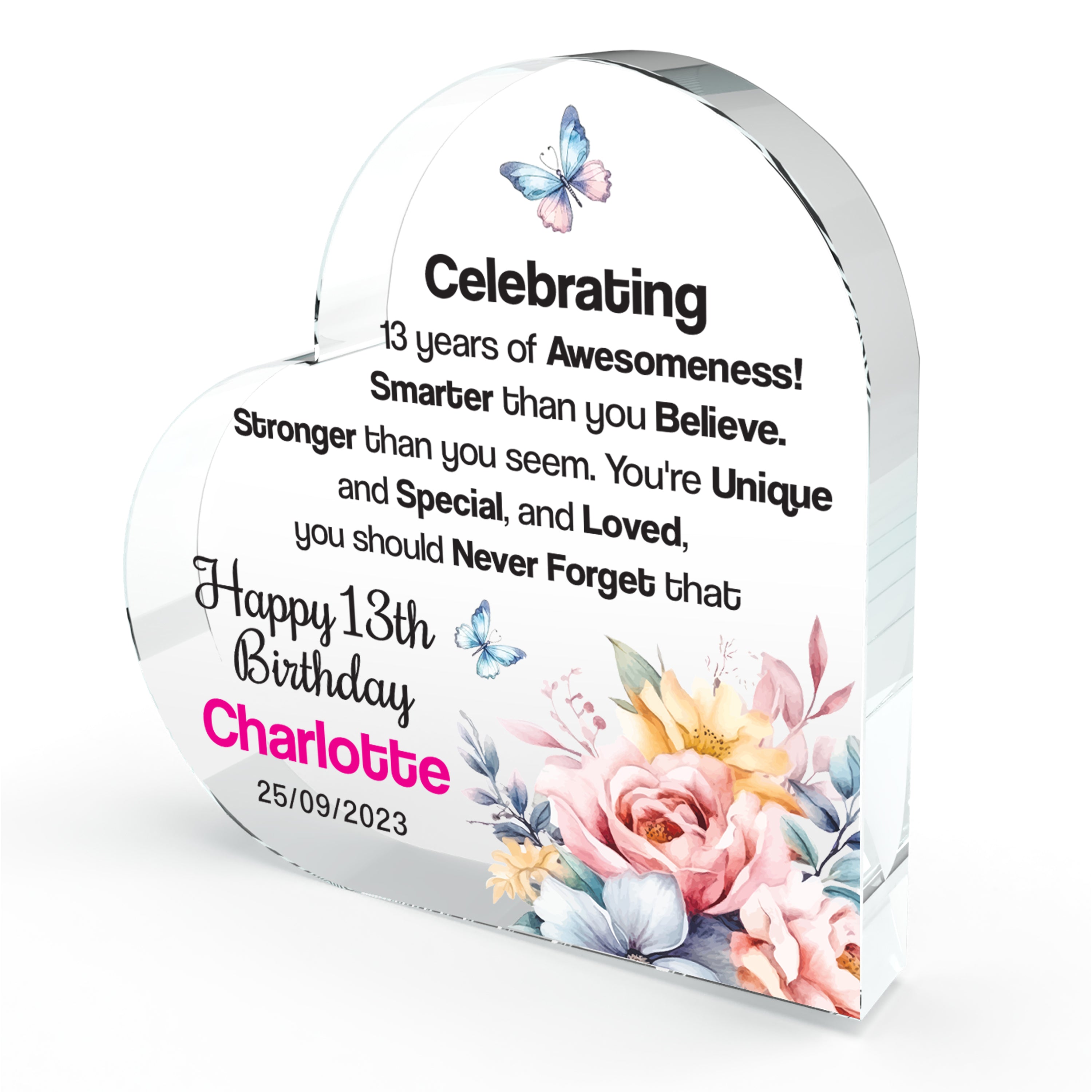 13 Year Old Birthday Acrylic Heart Shape Plaque Gifts for Girls Keepsake for 13th Girls Birthday Presents 10cm x 10cm (13th Birthday)