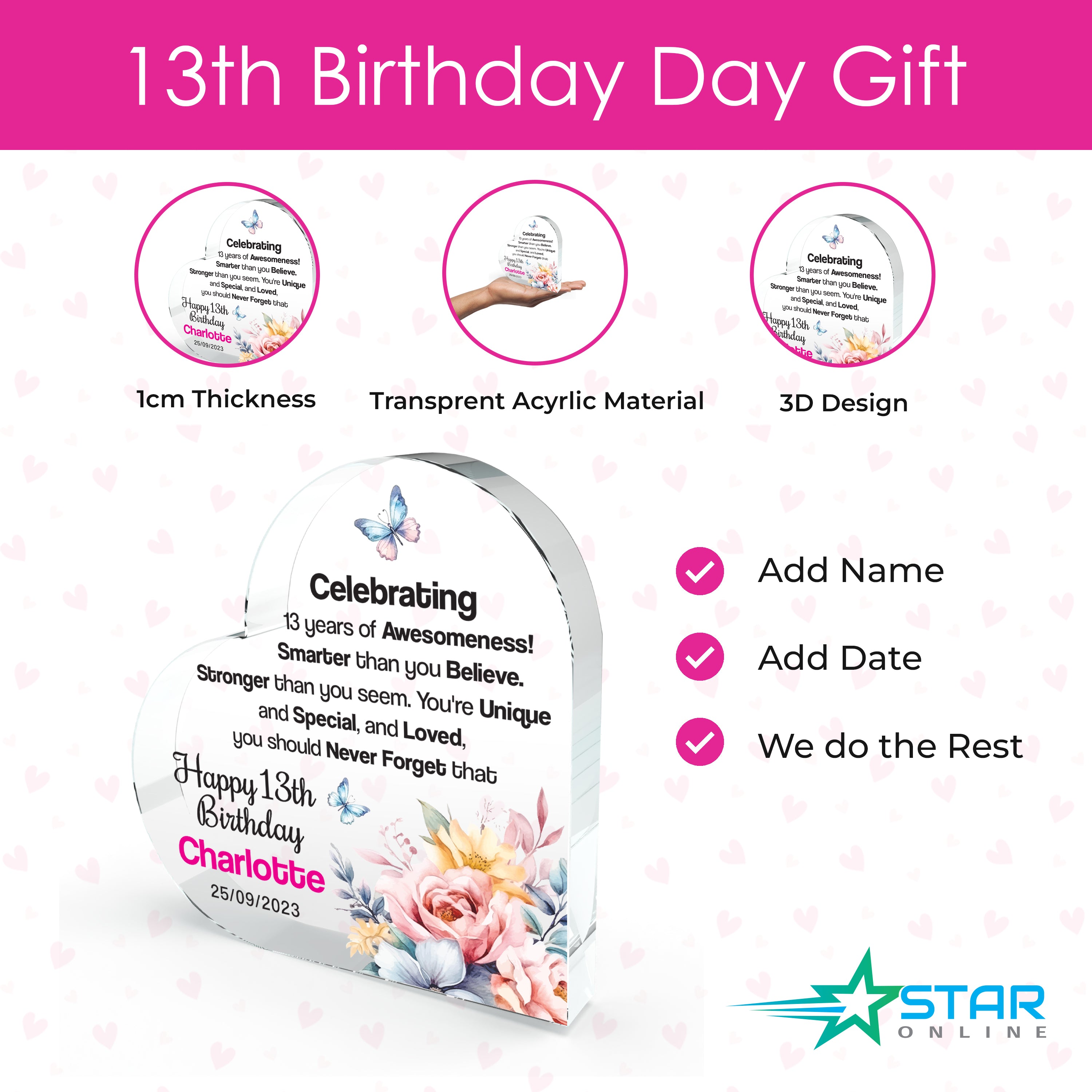 13 Year Old Birthday Acrylic Heart Shape Plaque Gifts for Girls Keepsake for 13th Girls Birthday Presents 10cm x 10cm (13th Birthday)