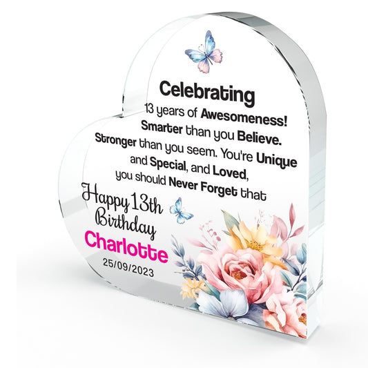 13 Year Old Birthday Acrylic Heart Shape Plaque Gifts for Girls Keepsake for 13th Girls Birthday Presents 10cm x 10cm (13th Birthday)