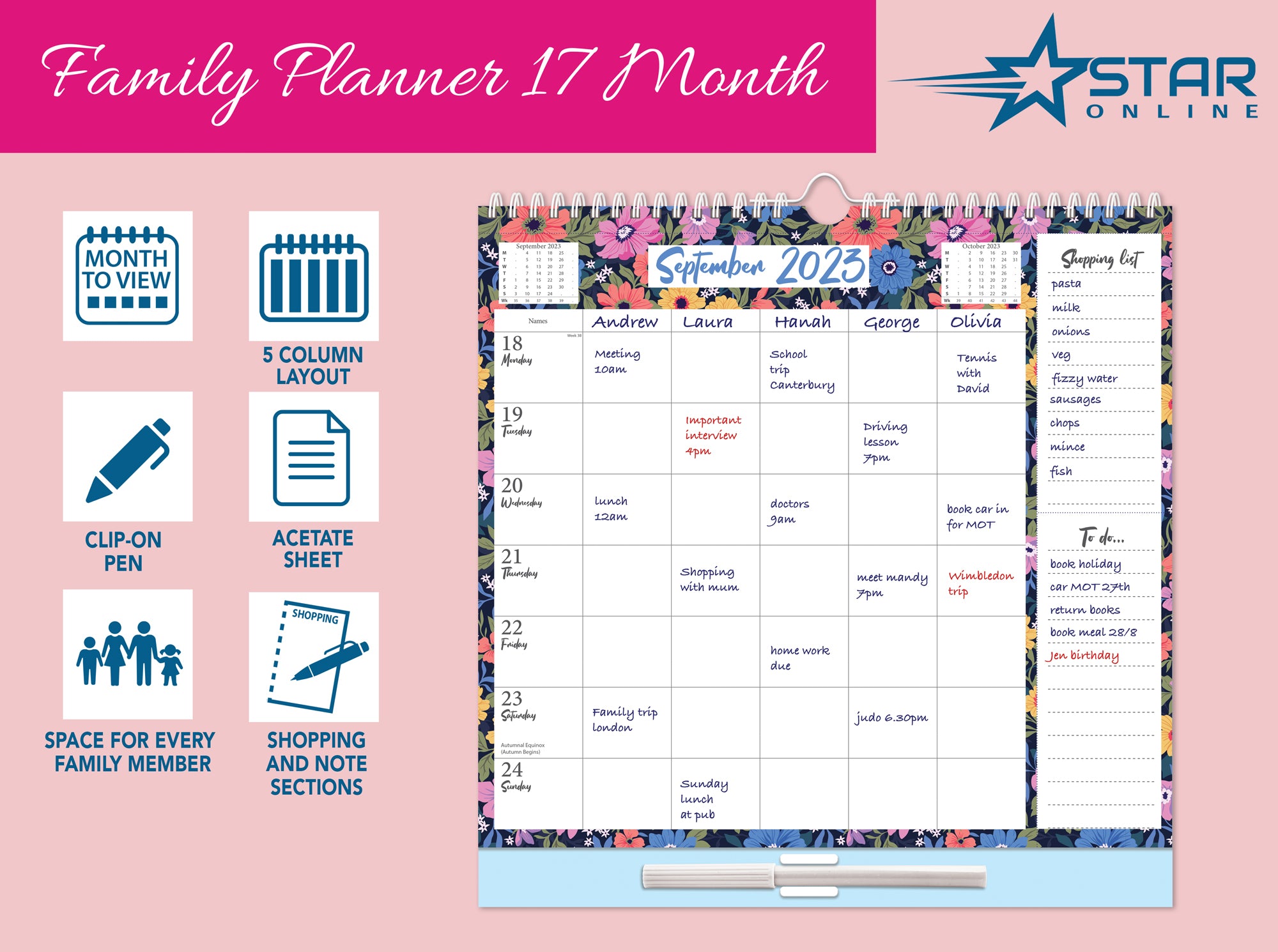 Large 2024 Family Planner 5 Columns Week to View Calendar with Memo Pad 17 Months Wall Planner (Aug 2023 - Dec 2024)