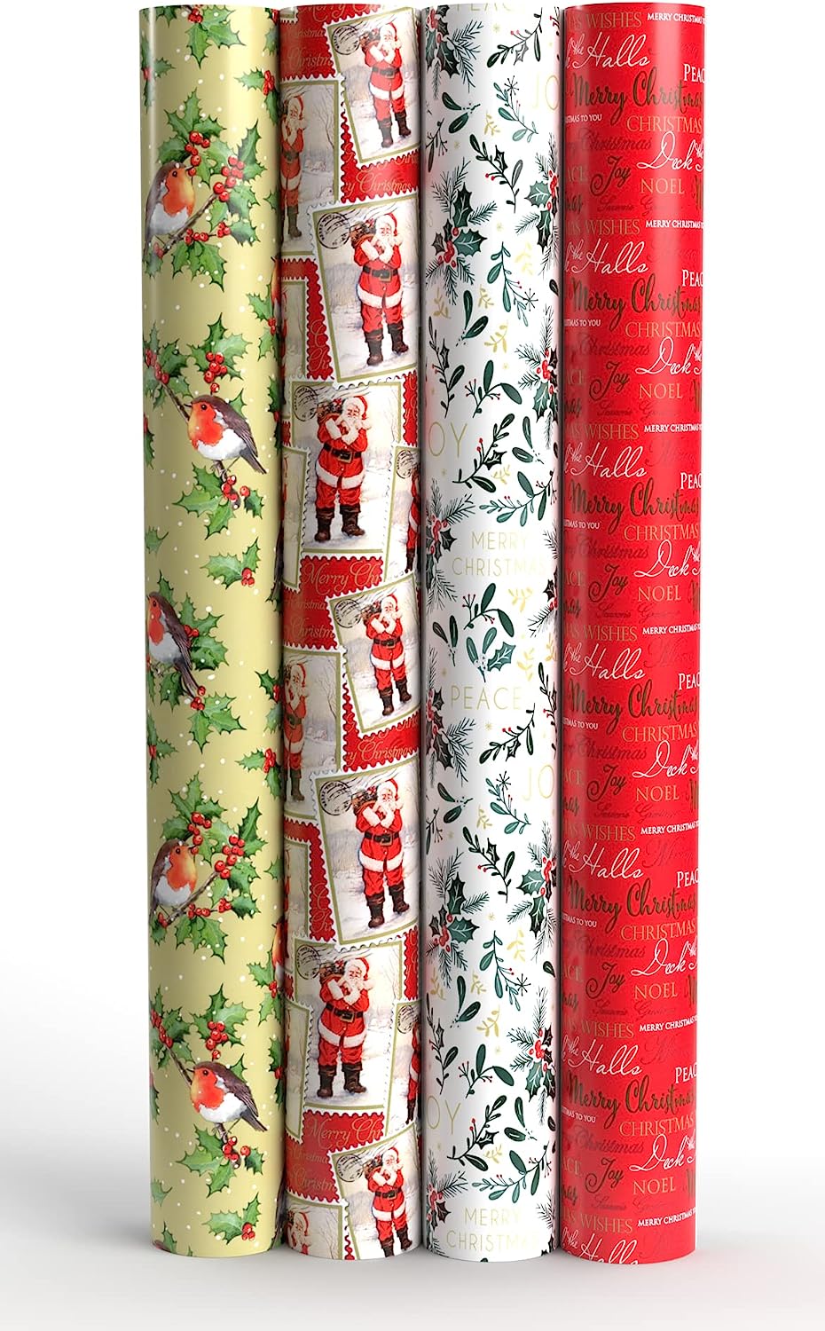 Christmas Traditional Wrapping Paper Roll Large Wrap to Pack Presents With Gift Tags - Pack of 4