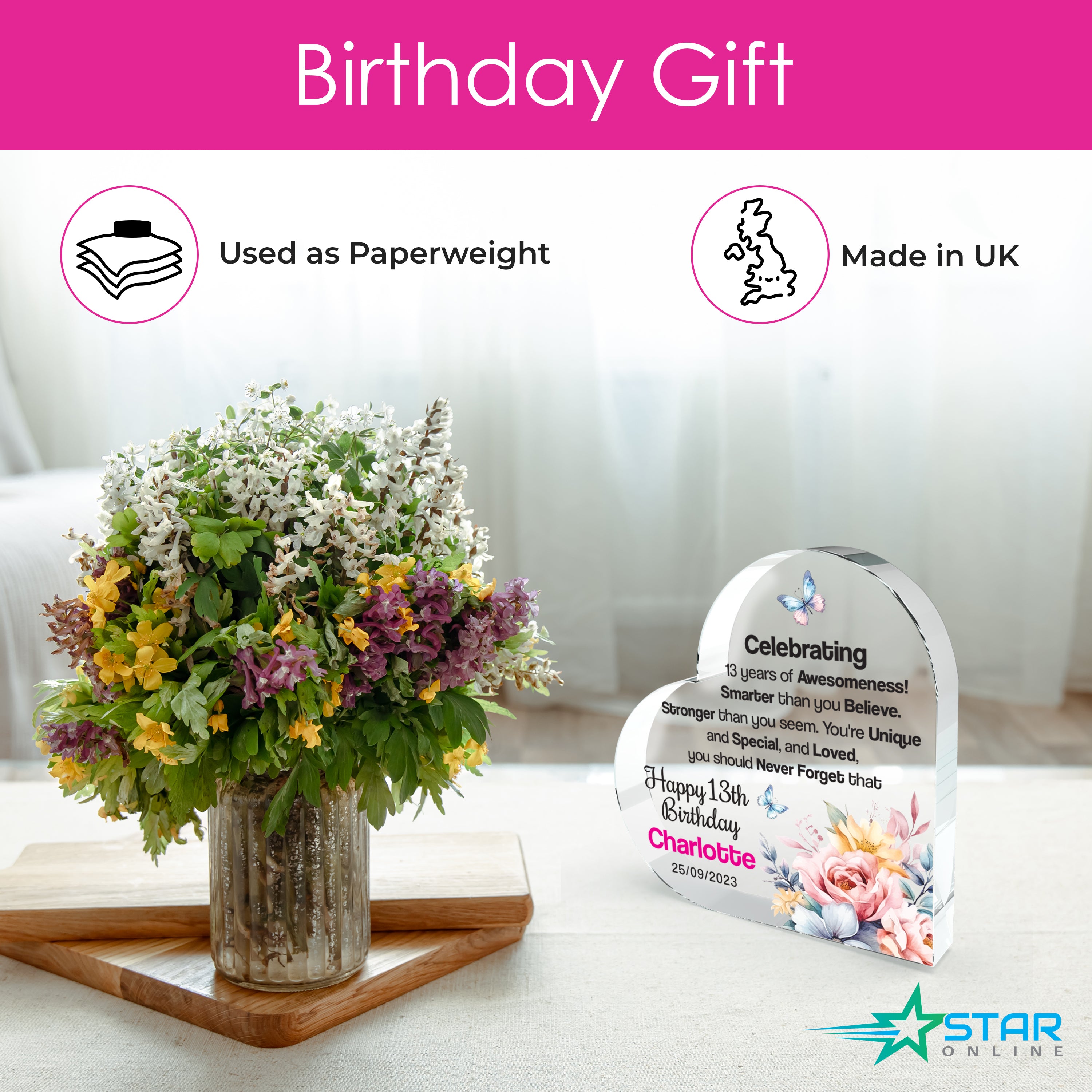 13 Year Old Birthday Acrylic Heart Shape Plaque Gifts for Girls Keepsake for 13th Girls Birthday Presents 10cm x 10cm (13th Birthday)