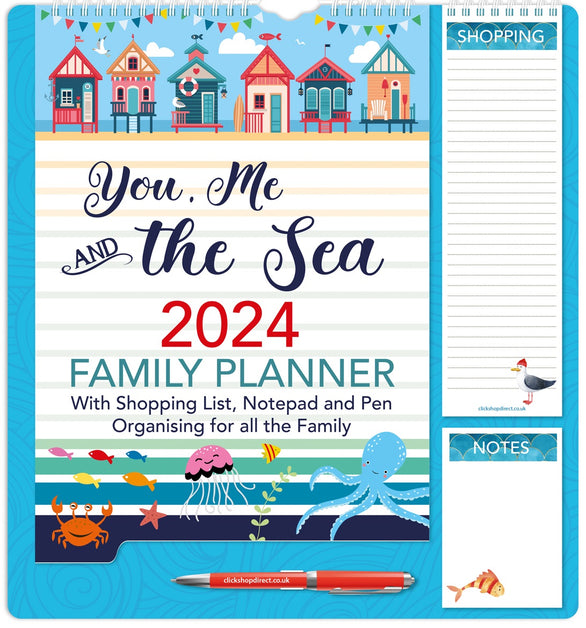 2024 Family Organiser Calendar Wall Planner with Memo Pad, Pen & Shopping  List - You Me and The Sea - Monthly Five Columns