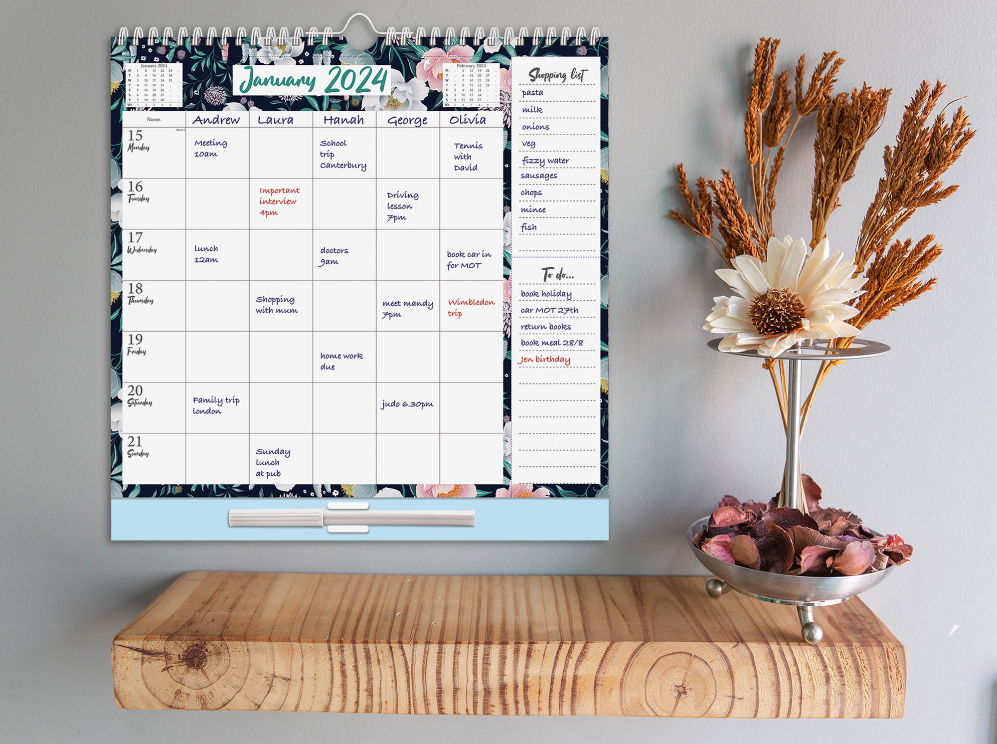 Large 2024 Family Planner 5 Columns Week to View Calendar with Memo Pad 17 Months Wall Planner (Aug 2023 - Dec 2024)