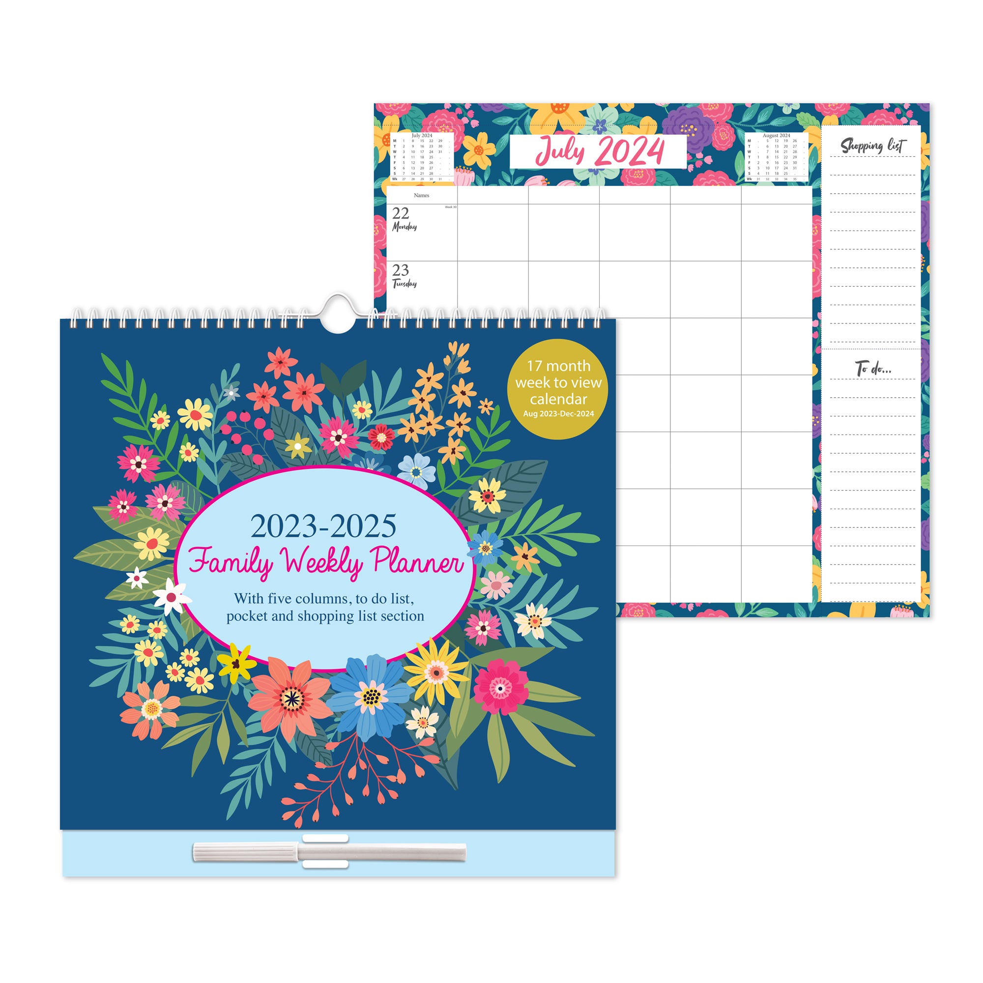Large 2024 Family Planner 5 Columns Week to View Calendar with Memo Pad 17 Months Wall Planner (Aug 2023 - Dec 2024)