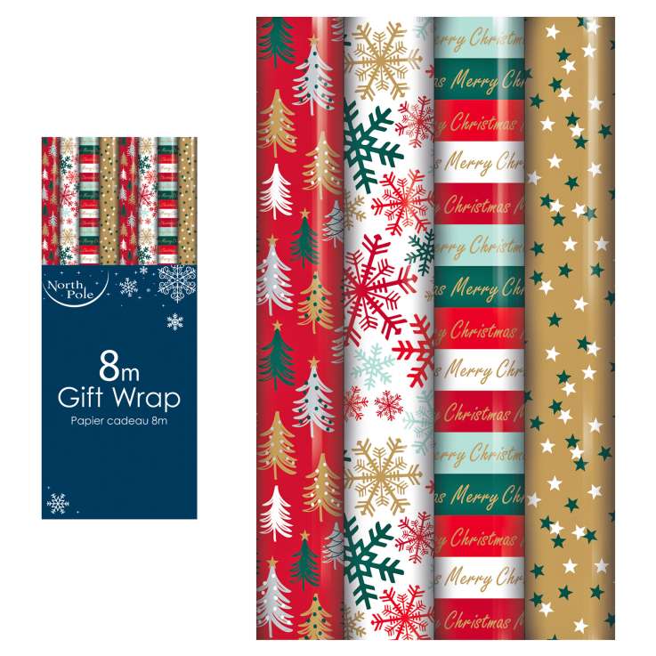 Simple Traditional Christmas Gift Wrap Wrapping Paper Roll -(8m x 4)